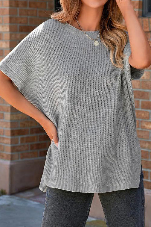 Short Sleeve Side Slit Oversized Sweater Lavish Daily