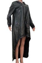 PU Hooded Drawstring High-Low Cape Jacket Lavish Daily
