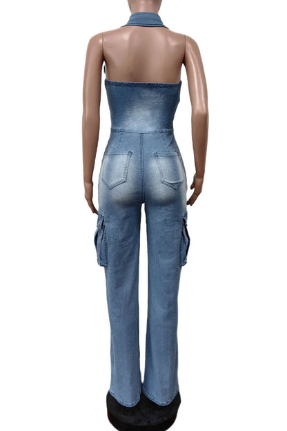 Multi Pocket Denim Halter Backless Jumpsuits Lavish Daily