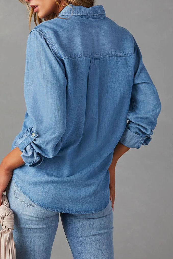 Button Front Roll-Tab Sleeve Denim Shirt Lavish Daily