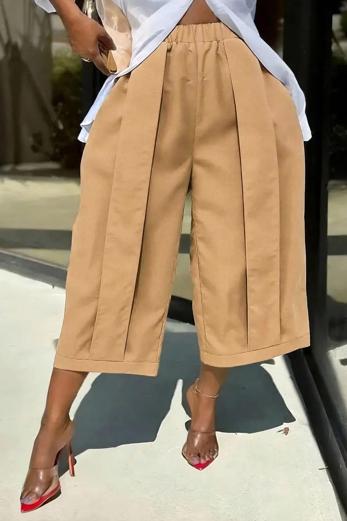 High Waist Pleated Wide Leg Culottes Lavish Daily