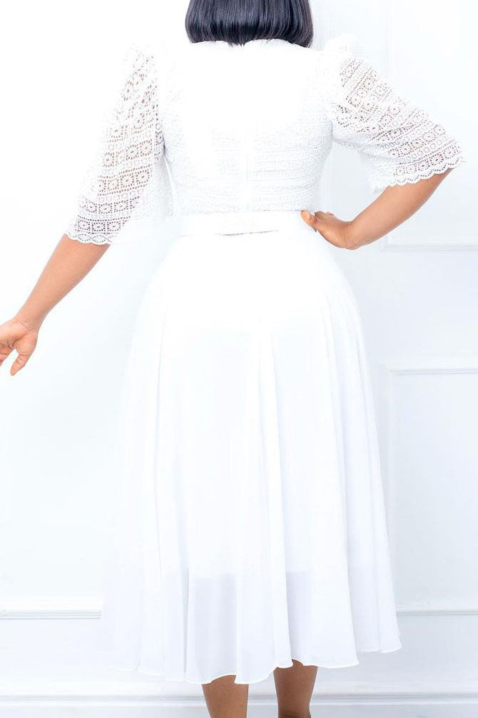 Square Neckline Lace Sleeve Midi Party Dress Lavish Daily