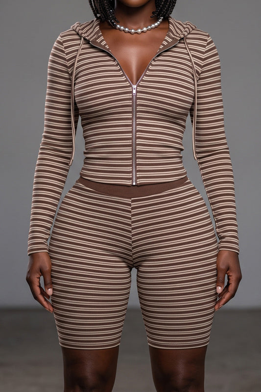 Striped Ribbed Zip Hoodie & Capri Set Lavish Daily