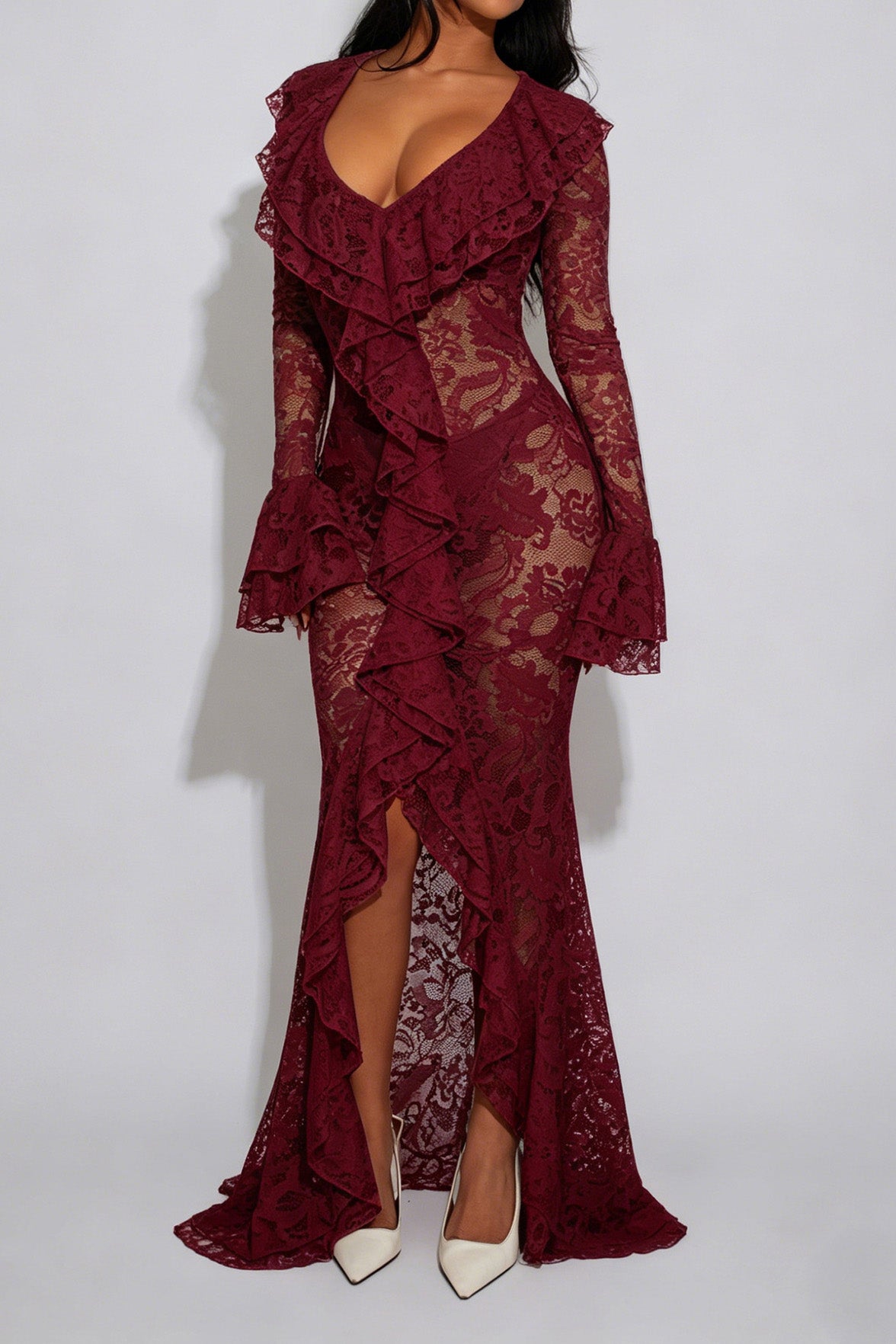 Sheer Lace Ruffled Slit Maxi Dress Lavish Daily