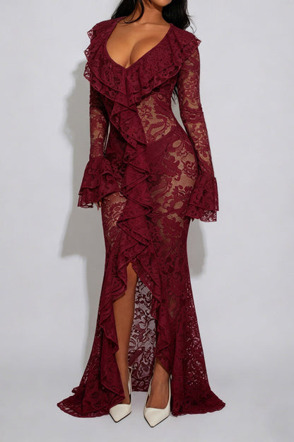 Sheer Lace Ruffled Slit Maxi Dress Lavish Daily