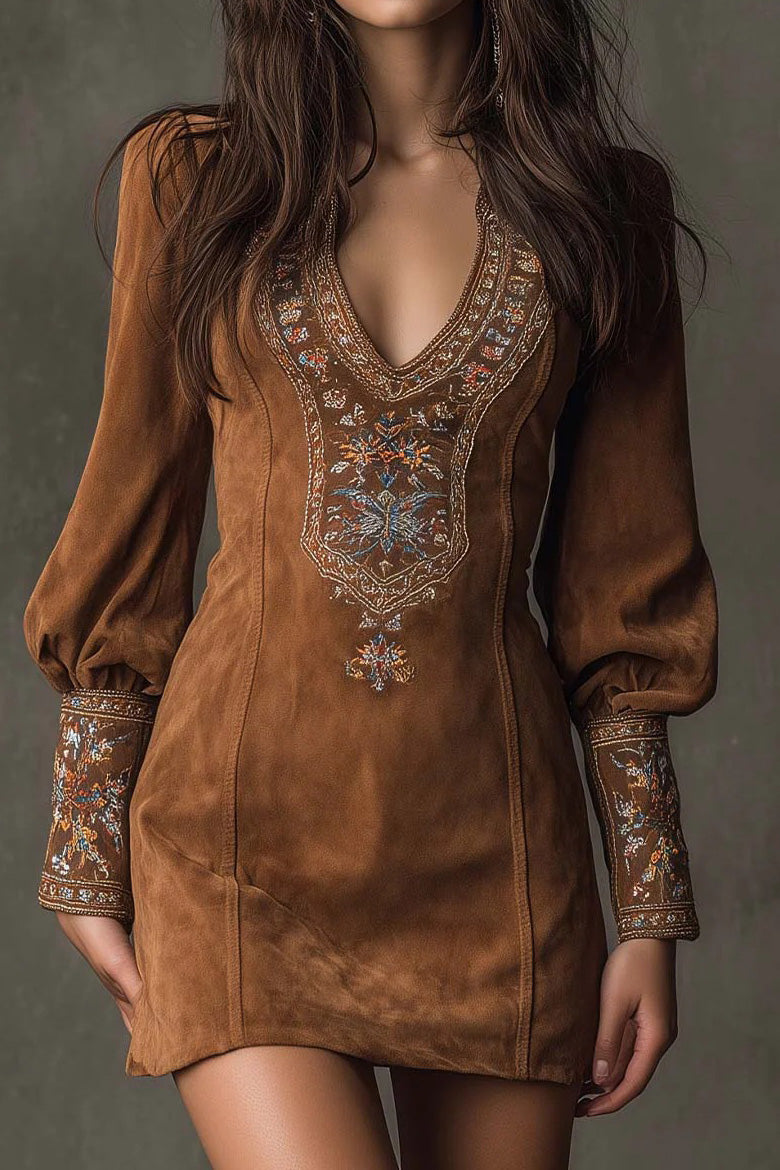 Retro V Neck Embroidered Mini Dress LavishDaily