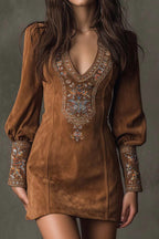 Retro V Neck Embroidered Mini Dress LavishDaily