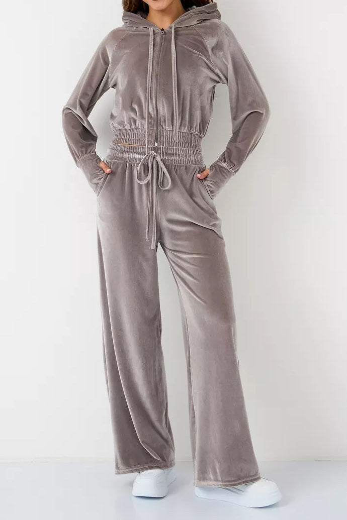 Velvet Hooded Zip Sweatshirt & Pants Set Lavish Daily