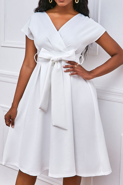 Solid Color Belted Bow Tie Waist Dress Lavish Daily