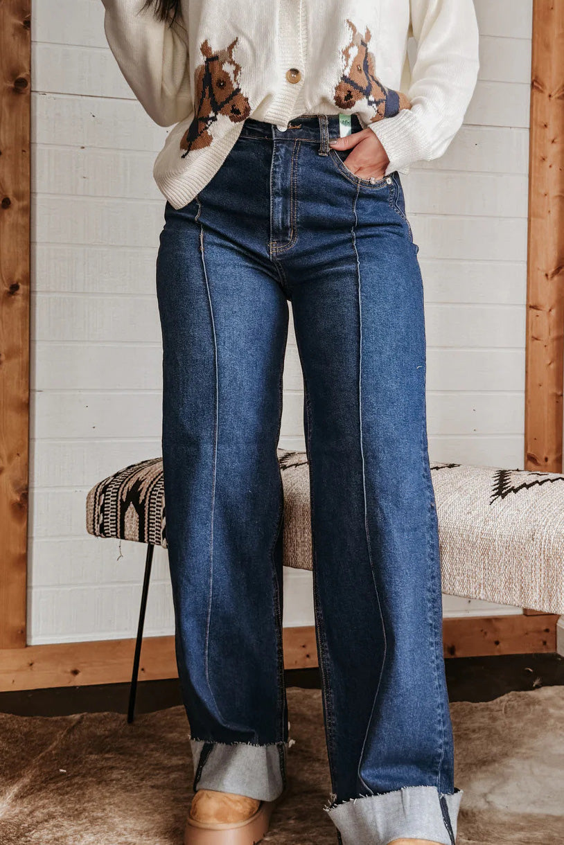 Stretch Cuffed Wide Leg Front Seam Jeans Lavish Daily