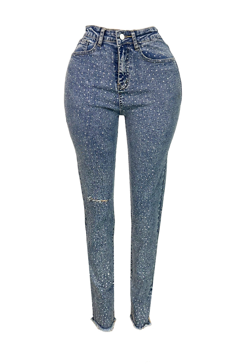 Rhinestone Skinny Raw Hem Jeans Lavish Daily