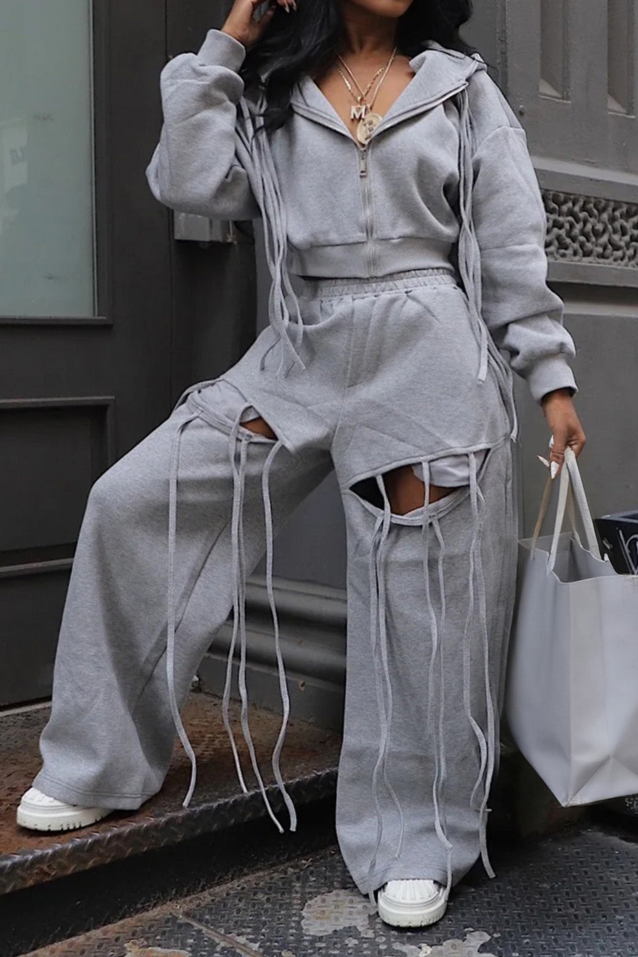 Hooded Zip-Up Sweatshirt & Distressed Wide-Leg Pants Set Lavish Daily