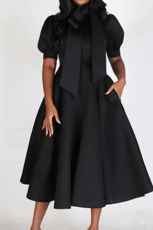 Elegant Tie-Neck Puff Sleeve A-Line Dress Lavish Daily