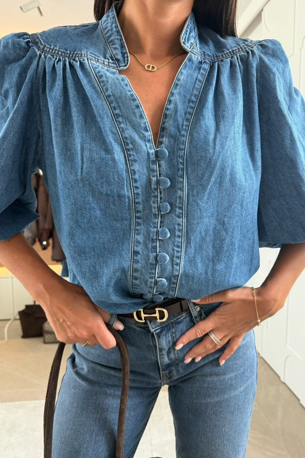 Vintage Lantern Sleeve V-Neck Denim Shirt Lavish Daily