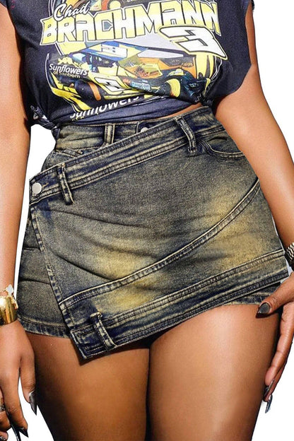 Asymmetrical Wrap Denim Shorts Lavish Daily