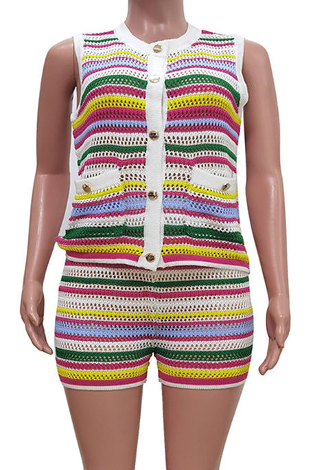 Sleeveless Colorful Striped Knit Shorts Outfit Lavish Daily