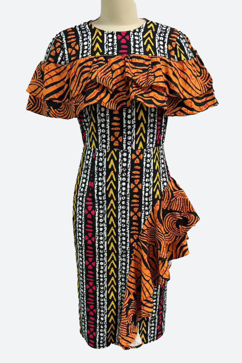 Print Contrast Ruffle Back-Vent Dress Lavish Daily