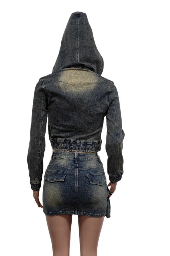 Stretch Denim Hooded Skirt Suit Lavish Daily