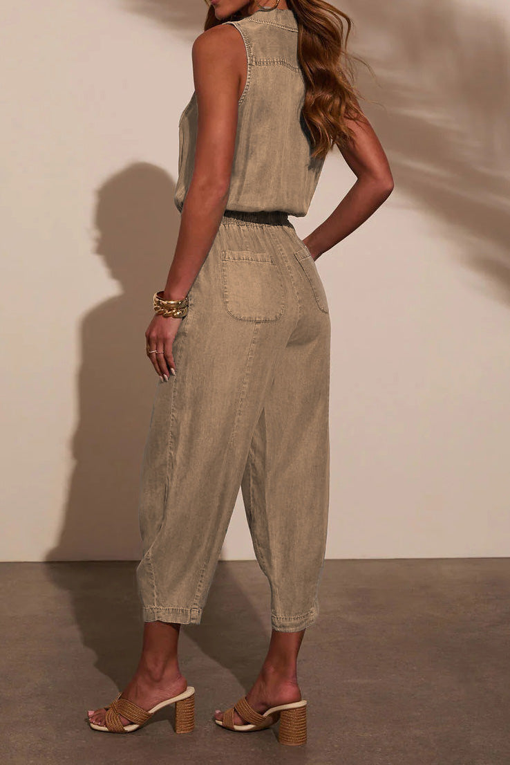Sleeveless Drawstring Denim Utility Jumpsuit Lavish Daily