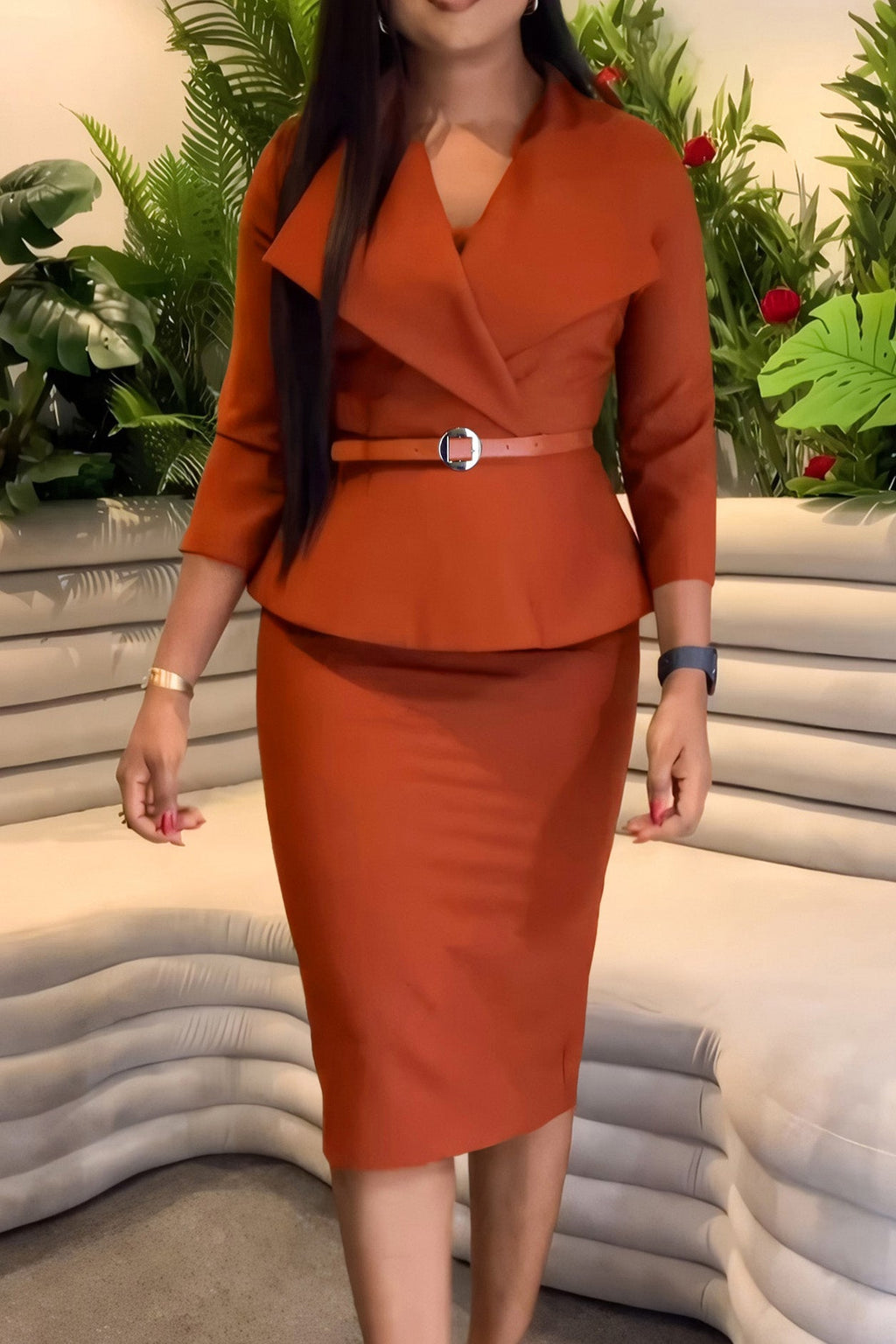 3/4 Sleeve Belted Sheath Work Dress Lavish Daily