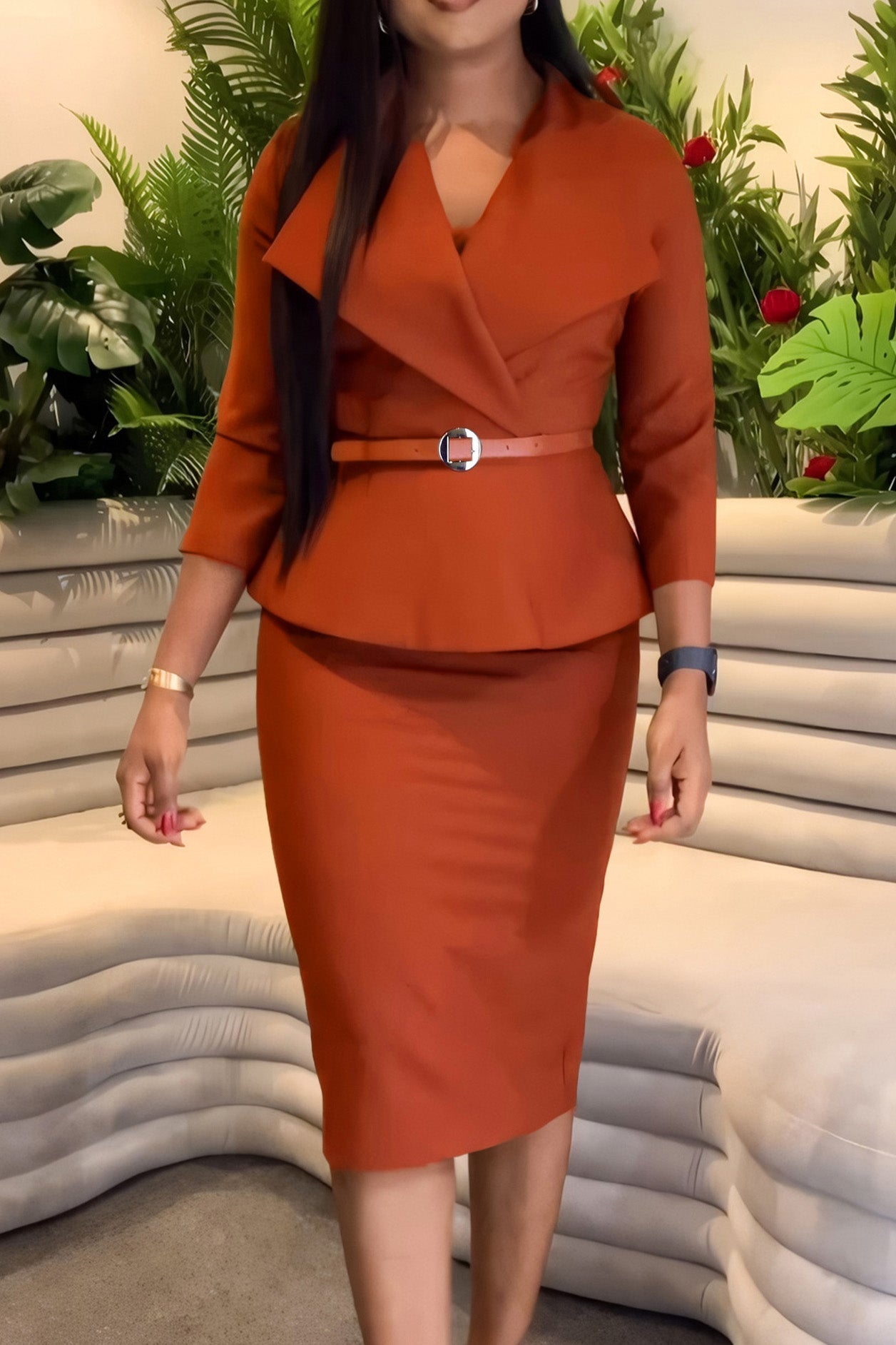 3/4 Sleeve Belted Sheath Work Dress Lavish Daily