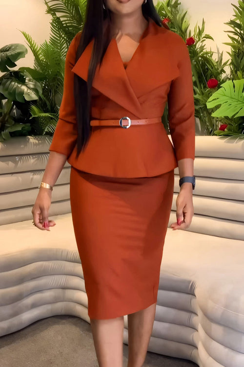 3/4 Sleeve Belted Sheath Work Dress Lavish Daily