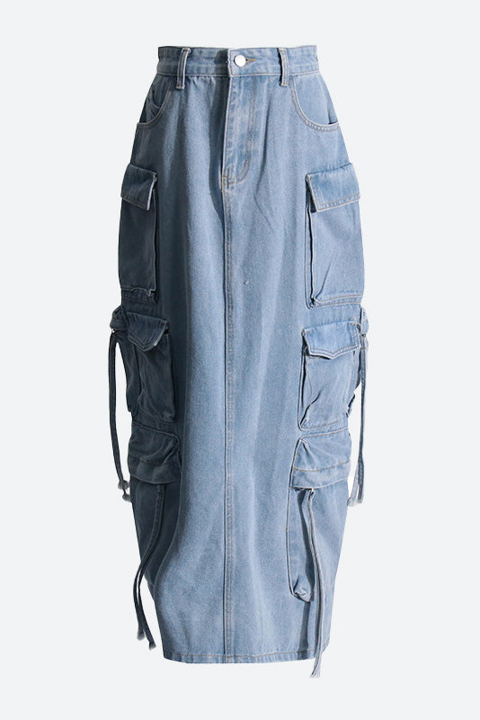 Blue Pocket Denim Midi Skirt Lavish Daily