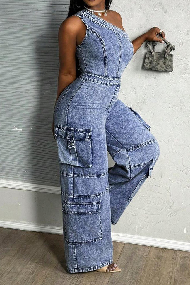 One Shoulder Stretch Denim Jumpsuit Lavish Daily