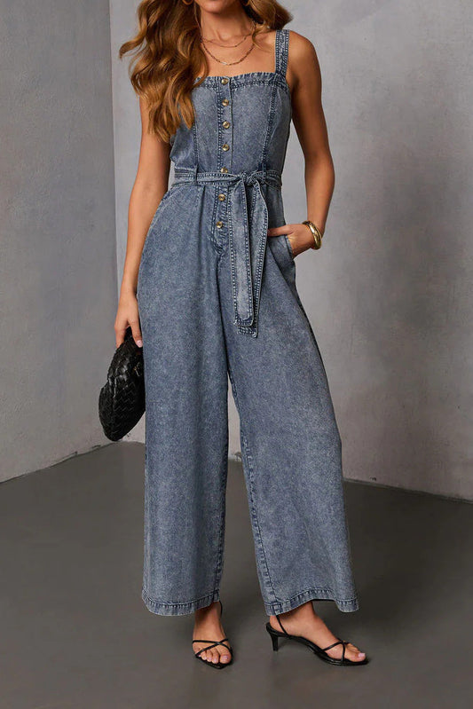 Button-Front Wide Leg Denim Jumpsuit Lavish Daily