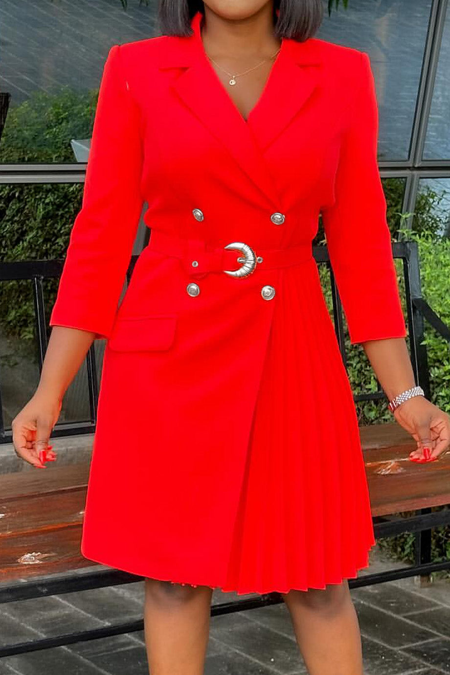 Pleated Patchwork Midi Blazer Dress Lavish Daily