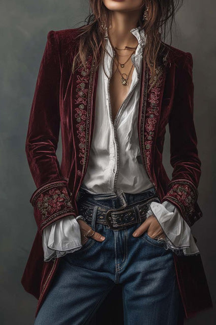 Velvet Embroidered Long Jacket LavishDaily