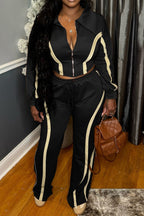 Striped Patchwork Zip-Up Top & Wide Leg Pants Set Lavish Daily