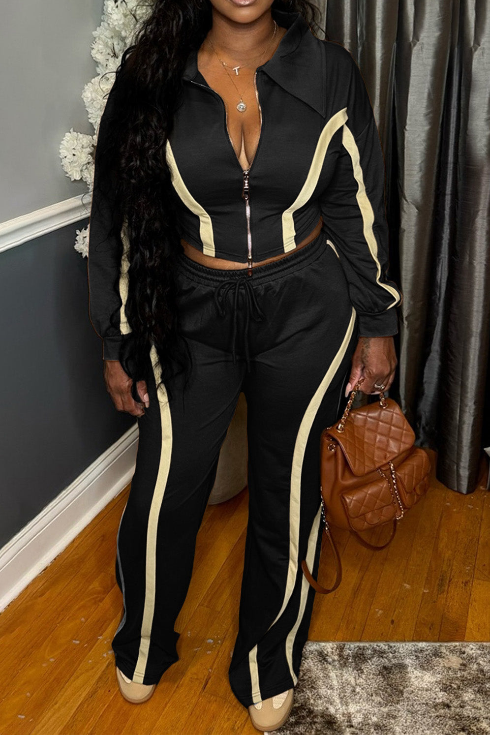 Striped Patchwork Zip-Up Top & Wide Leg Pants Set Lavish Daily
