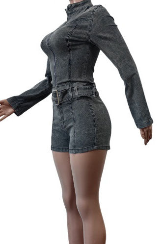 Washed Denim Zip Up Top & Shorts Sets Lavish Daily