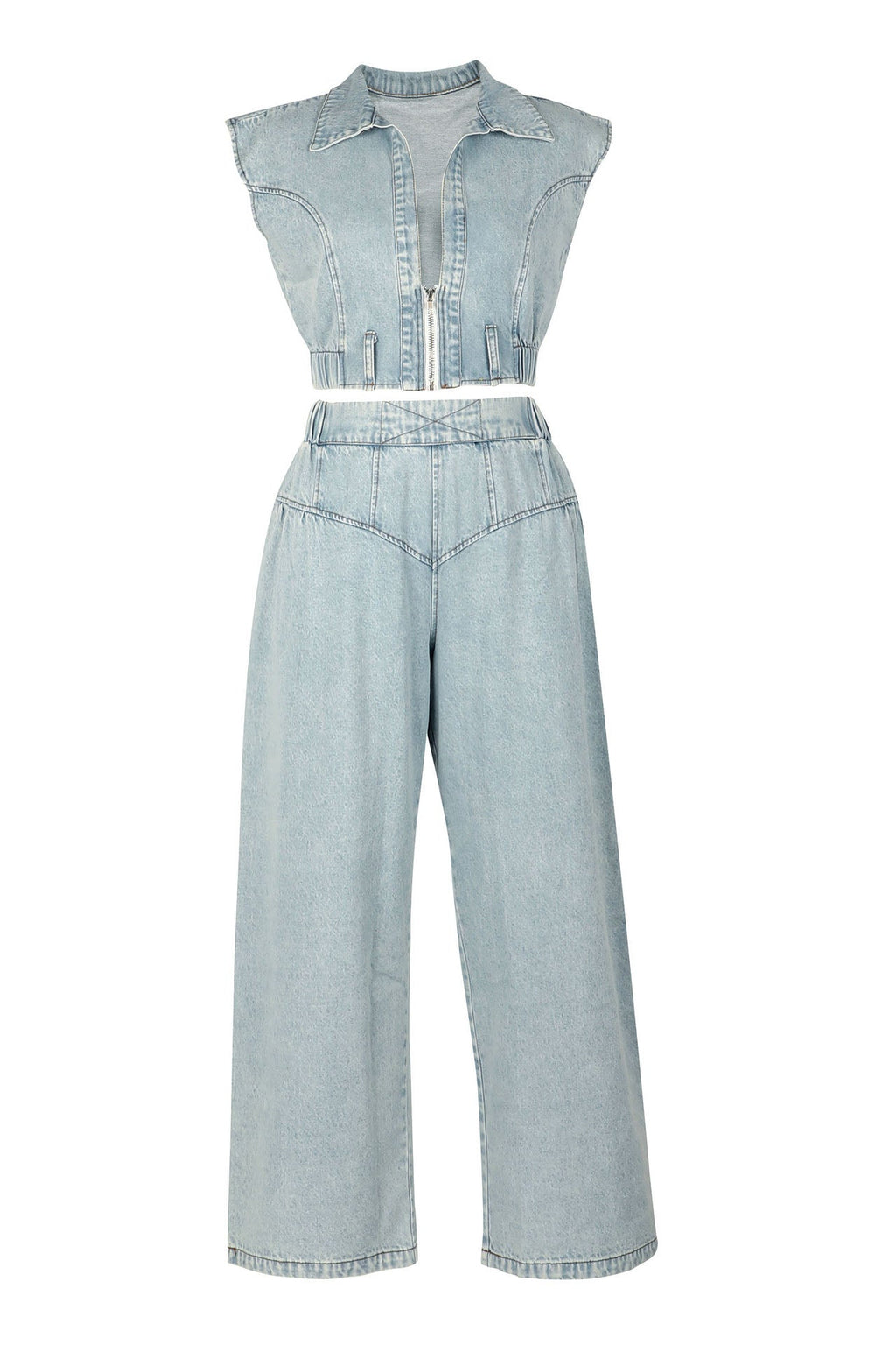 Zip-Up Vest High-Rise Wide Leg Pants Denim Set Lavish Daily