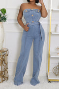 Strapless Slim Fit Washed Denim Jumpsuit Lavish Daily