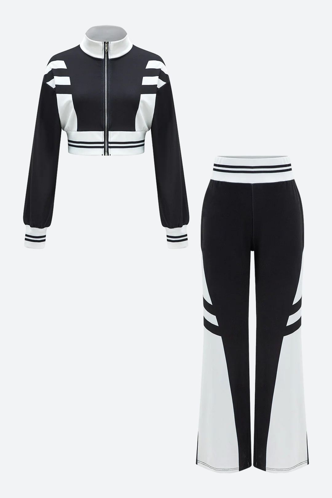 Contrast Zipper Cropped Jacket And Trousers Set Lavish Daily