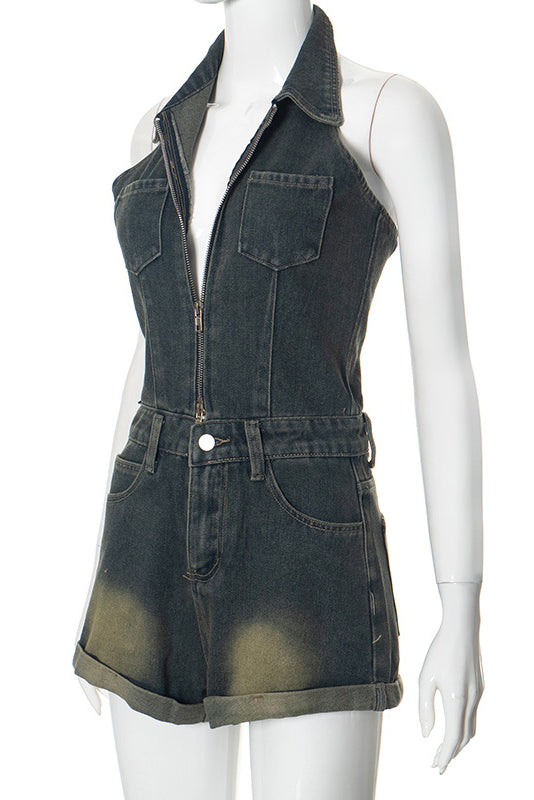 Sleeveless Denim Halter V Neck Backless Romper Lavish Daily