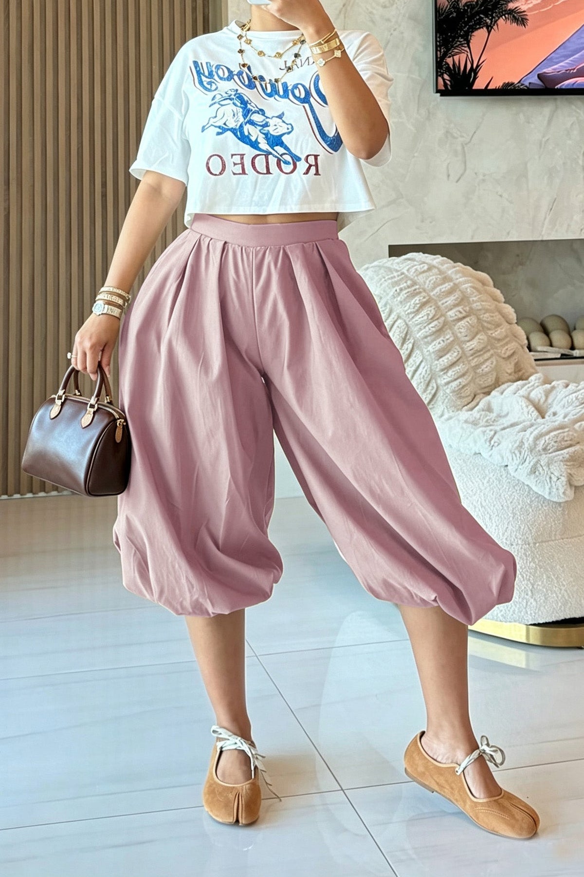High Waist Pleated Balloon Capri Pants Lavish Daily