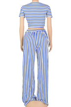 Striped Print V Neck Short Sleeve Two Piece Set Lavish Daily