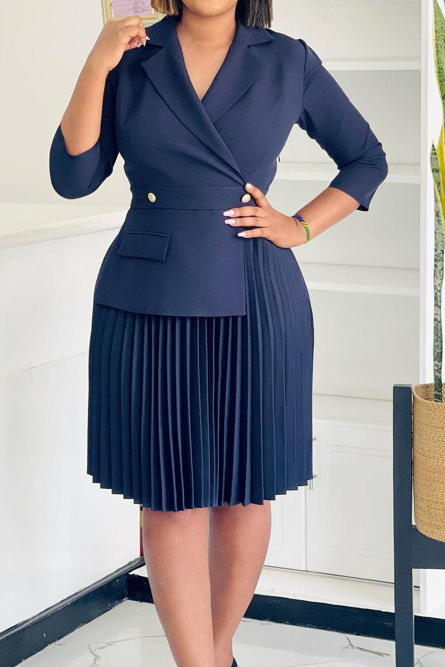 Pleated Blazer Collar Dress Lavish Daily