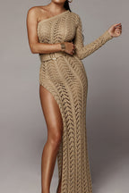 One Shoulder Crochet Split Knitted Dress Lavish Daily