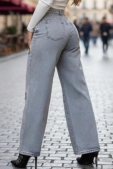 Oversized Grommet Cutout Wide Leg Jeans Lavish Daily