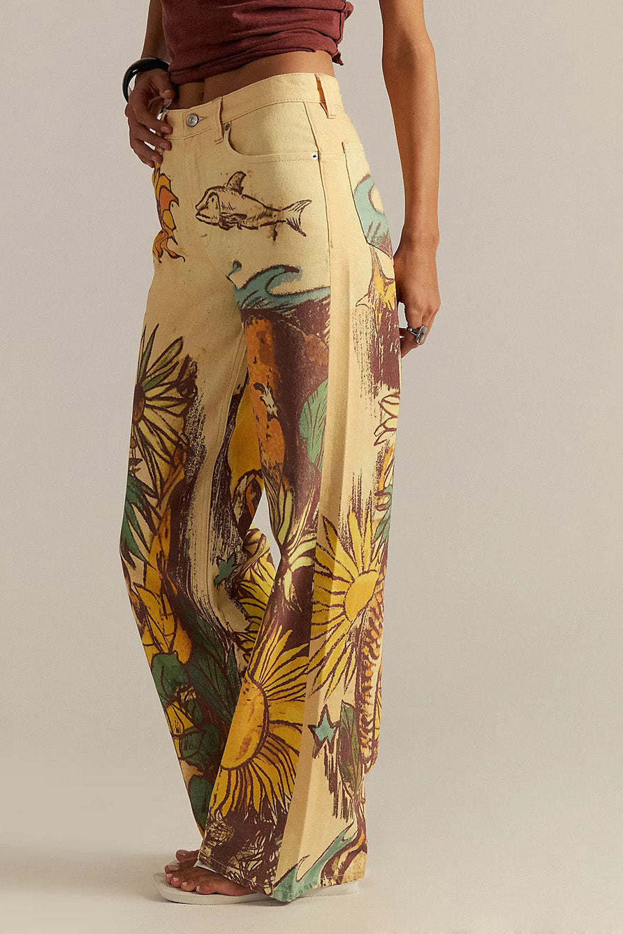 High-Waisted Statement Print Wide Leg Jeans Lavish Daily