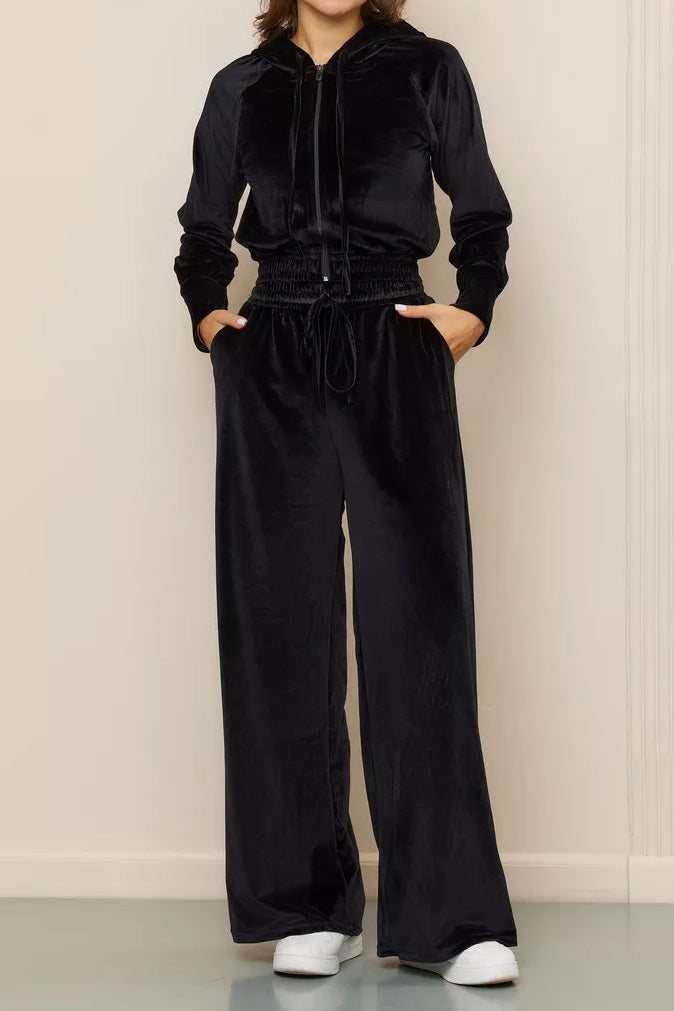 Velvet Hooded Zip Sweatshirt & Pants Set Lavish Daily