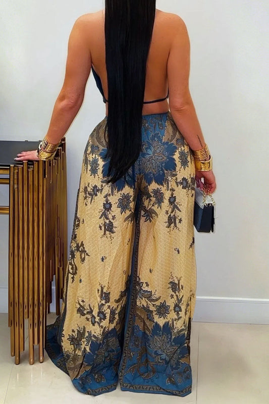 Ornate Print Halter Slit Wide Leg Jumpsuit Lavish Daily