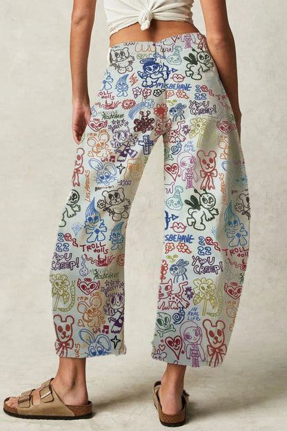 Doodle Print Relaxed Barrel Leg Jeans Lavish Daily