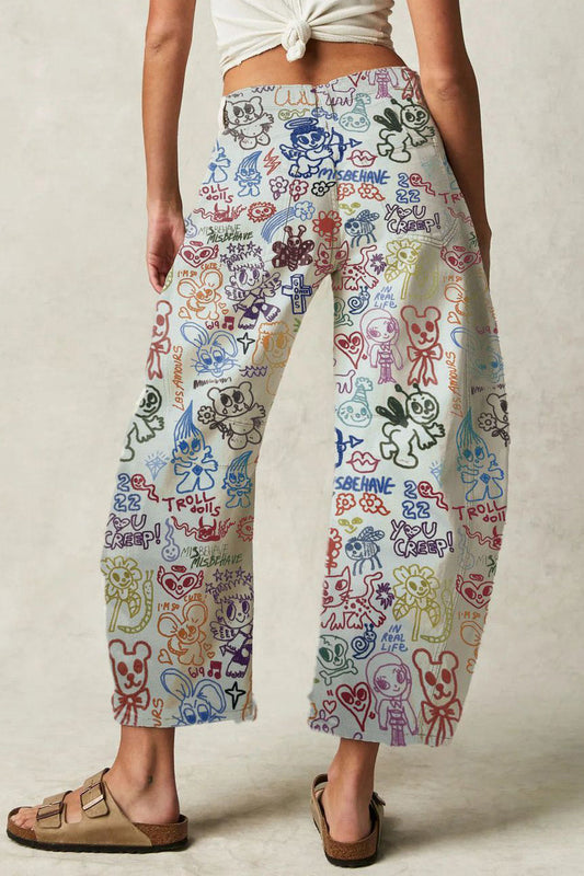 Doodle Print Relaxed Barrel Leg Jeans Lavish Daily