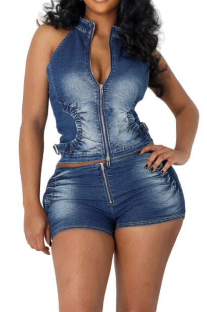 Stretch Denim Vest & Shorts Set Lavish Daily