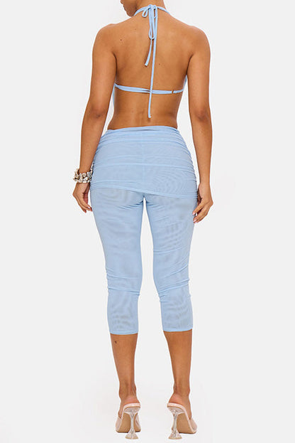 Draped Halter & Sheer Mesh Capri Set Lavish Daily